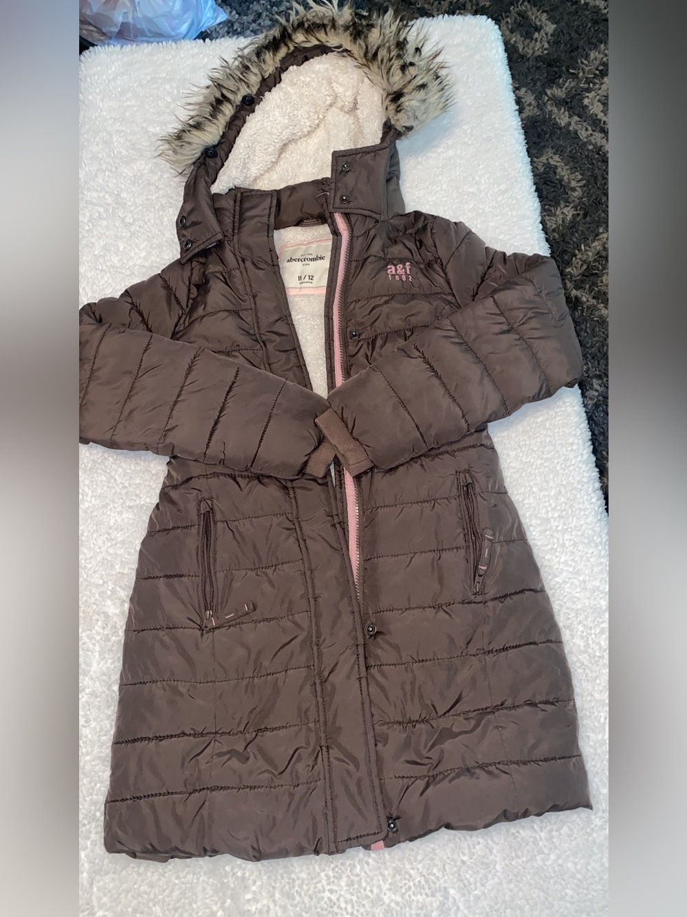 Abercrombie & Fitch Brown Quilted Puffer Coat with Faux Fur Hood